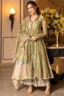 Ready To Wear Olive Green Chanderi Silk Printed Anarkali Dress