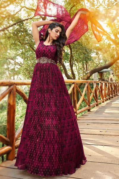 Gorgeous Georgette Wine Printed Indo-Western Dress With  Stylish Sleeves & Belt