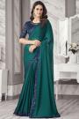 Teal Green & Navy Blue Georgette Embroidered Border Saree