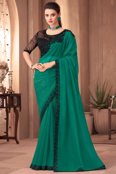 Green & Black Silk Embroidered Border Saree