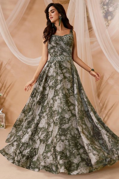 Forest Green Floral Print & Embroidered Luxe Organza Silk Gown With Stole