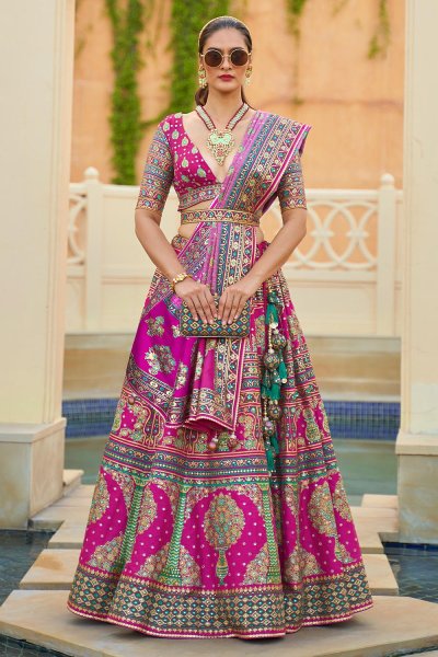 Magenta & Multicolor Woven Silk Embroidered Lehenga Set With Belt