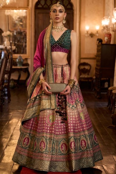 Taupe, Pink, & Multicolor Woven Silk Embroidered Lehenga Set