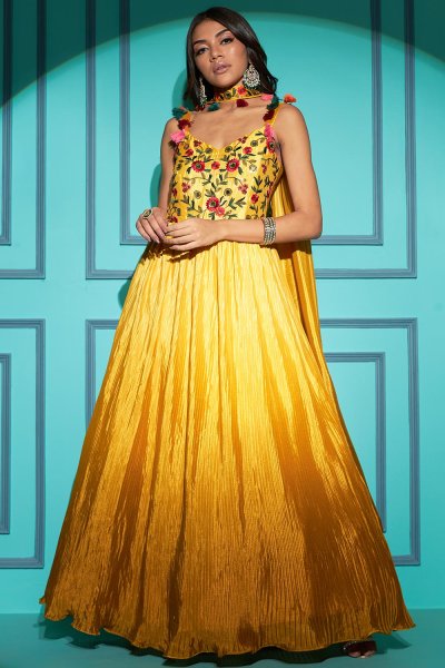 Ready To Wear Yellow Chinon Embroidered Designer Anarkali Gown