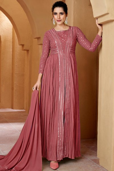 Rosewood Pink Front Slit Georgette Embroidered Anarkali Dress