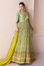 Pastel Green & Yellow Chinon Silk Printed & Embroidered Anarkali Dress