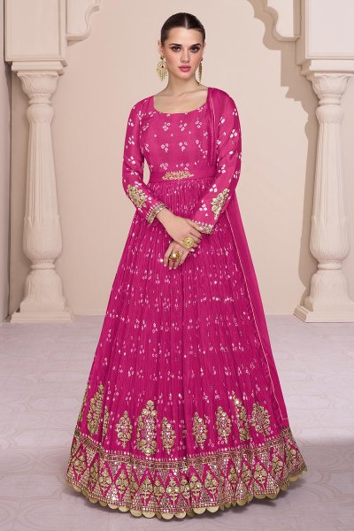 Magenta Pink Georgette Printed & Embroidered Anarkali Dress With Belt