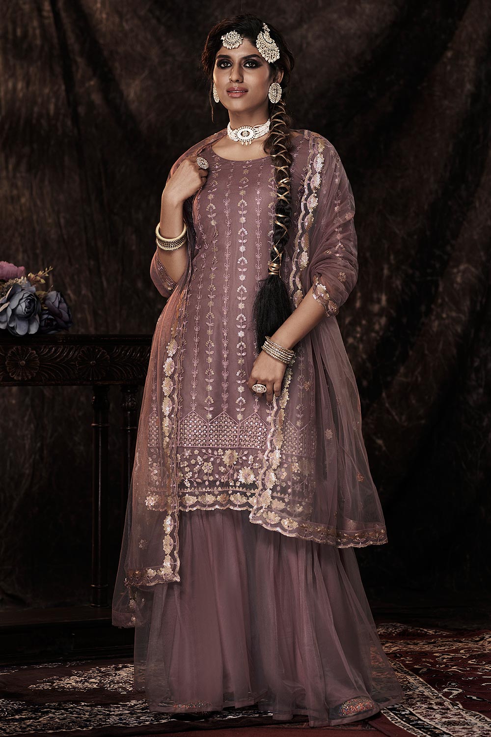 Maroon Embroidered Kurta with Sharara and Net Dupatta