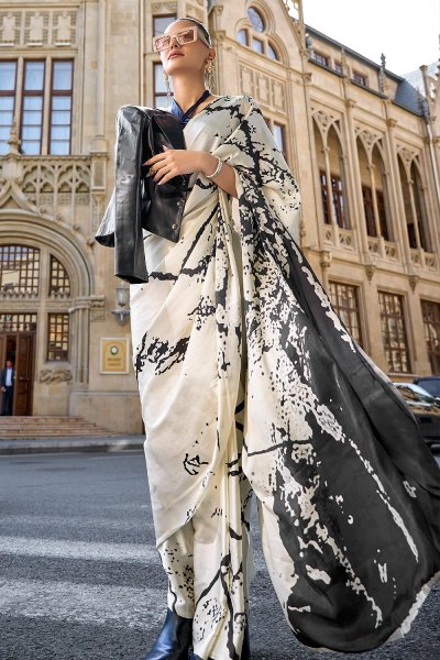 Ivory & Black Printed Crepe Saree Ivory & Black Printed Crepe Saree