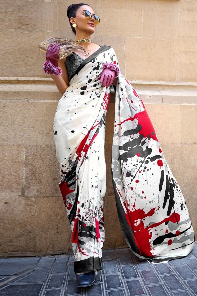 White & Multicolor Printed Crepe Saree White & Multicolor Printed Crepe Saree