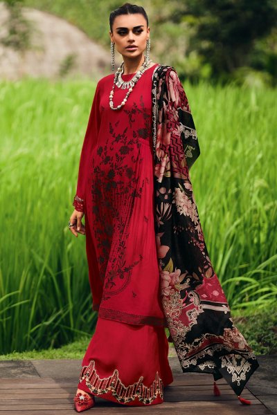 Red Cotton Woven & Embroidered Kurta Set