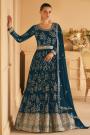 Teal Blue Georgette Embroidered Anarkali Dress With Dupatta & Belt