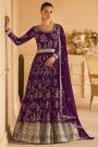 Plum Georgette Embroidered Anarkali Dress With Dupatta & Belt