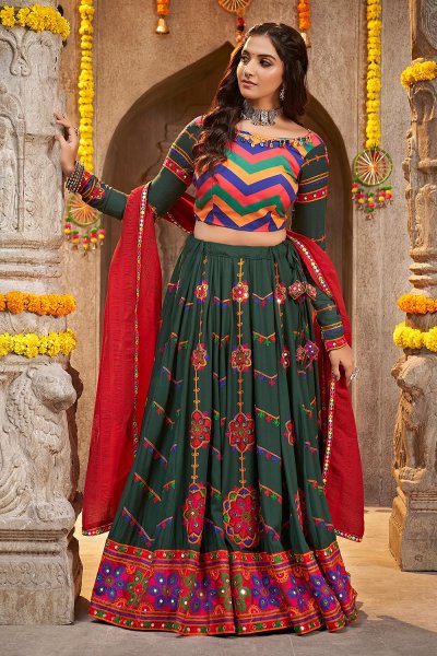 Forest Green & Multicolor Embroidered Rayon Lehenga Set For Navratri