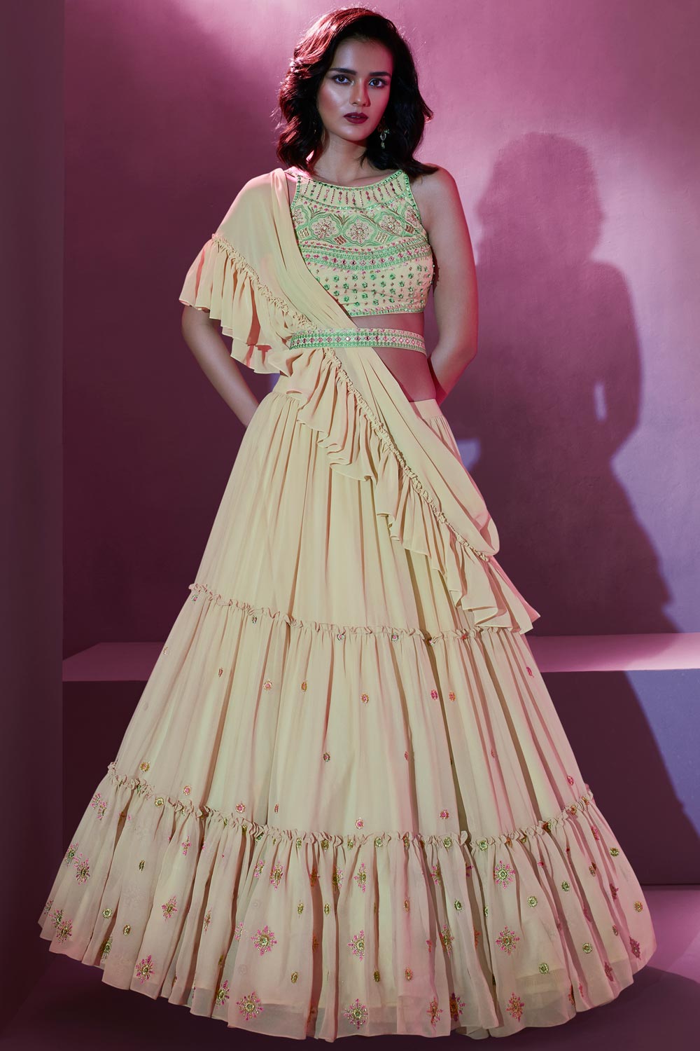 Wedding Cream Georgette Embroidered Designer Lehenga Choli