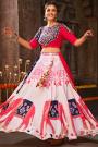 White & Red Printed Embroidered Rayon Lehenga Set For Navratri With Belt