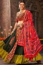 Dark Green & Red Embroidered Rayon Lehenga Set For Navratri With Belt