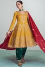 Yellow, Green, & Red Silk Embellished Flared Tunic Style Kurta Set