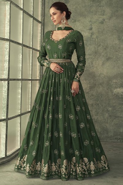 Forest Green Silk Anarkali Dress With Dupatta & Belt