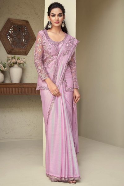 Lilac Silk Embroidered Bordered Saree With Jacket