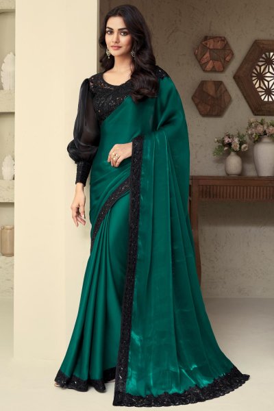 Bottle Green Silk Embroidered Bordered Saree Bottle Green Silk Embroidered Bordered Saree