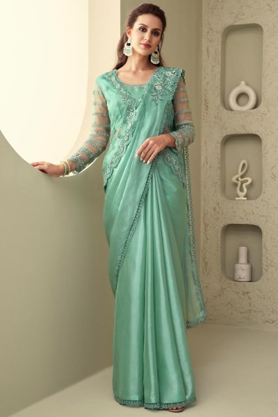 Mint Silk Embroidered Bordered Saree With Jacket