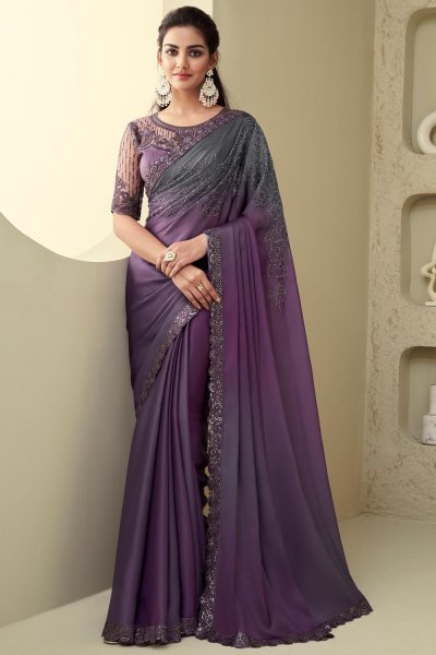 Plum Purple Silk Embroidered Bordered Saree