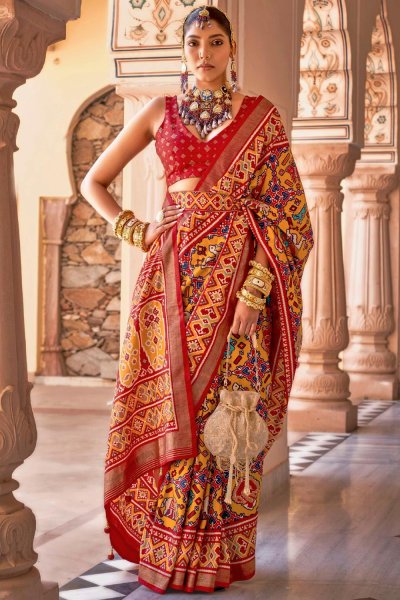 Mustard, Red, & Multicolor Silk Patola Print Saree With Belt