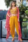 Ready To Wear Mustard Satin Silk Top & Dhoti Pant Set With Organza Cape