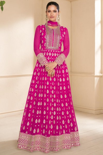 Fuchsia Pink Georgette Embroidered Anarkali Dress With Dupatta