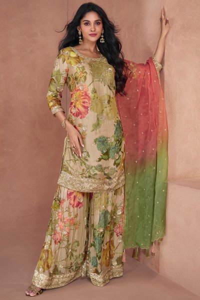 Ecru & Multicolor Georgette Printed & Embroidered Kurta Set With Sharara