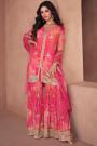 Coral & Pink Georgette Printed & Embroidered Kurta Set With Sharara