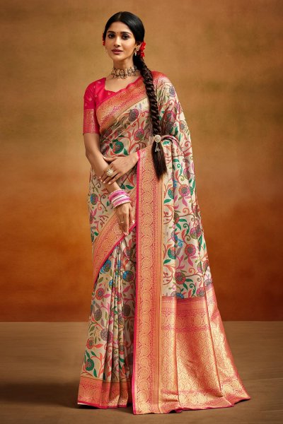 Ivory & Multicolor Kalamkari Silk Saree With Banarasi Border