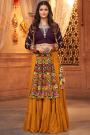 Ready To Wear Mustard & Plum Embroidered Rayon Skirt & Top Set With Jacket For Navratri
