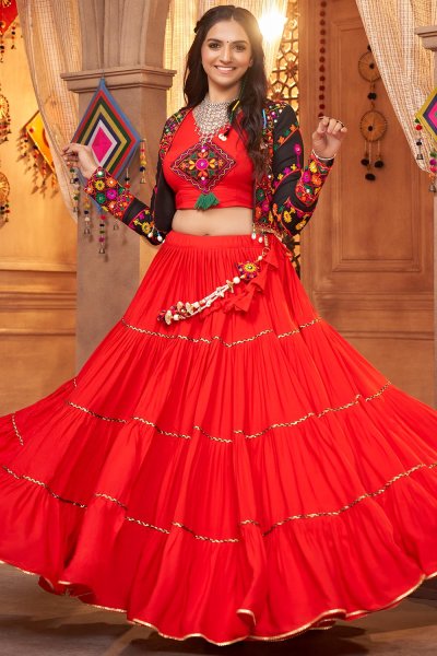 Ready To Wear Coral Red Embroidered Rayon Skirt & Top Set With Jacket For Navratri