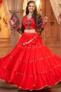 Ready To Wear Coral Red Embroidered Rayon Skirt & Top Set With Jacket For Navratri