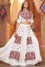 Ready To Wear White Embroidered Rayon Skirt & Top Set With Jacket For Navratri