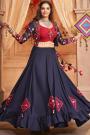Ready To Wear Navy Blue & Red Embroidered Rayon Skirt & Top Set With Jacket For Navratri