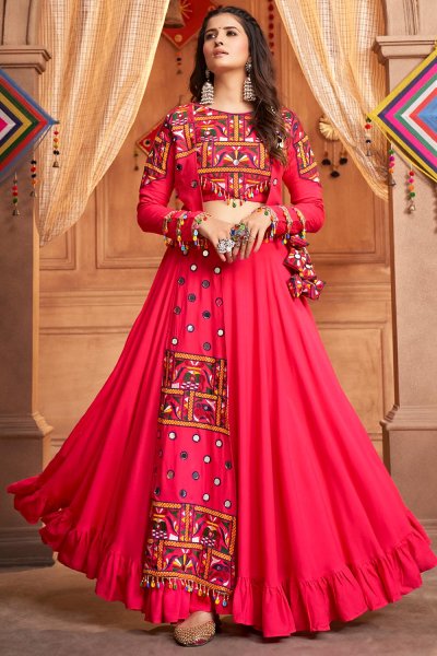 Ready To Wear Coral Embroidered Rayon Skirt & Top Set With Jacket For Navratri