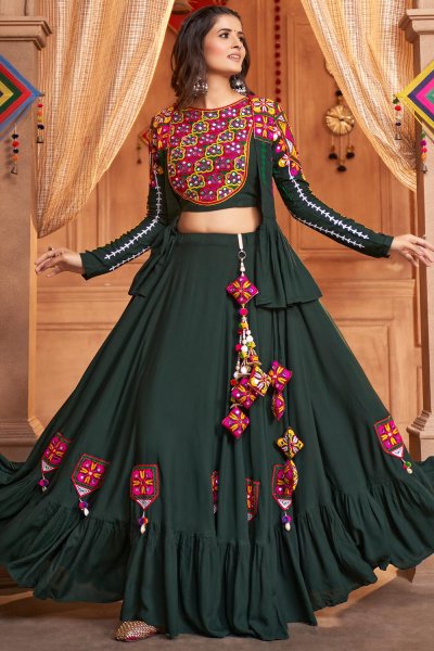 Ready To Wear Bottle Green Embroidered Rayon Skirt & Top Set With Jacket For Navratri