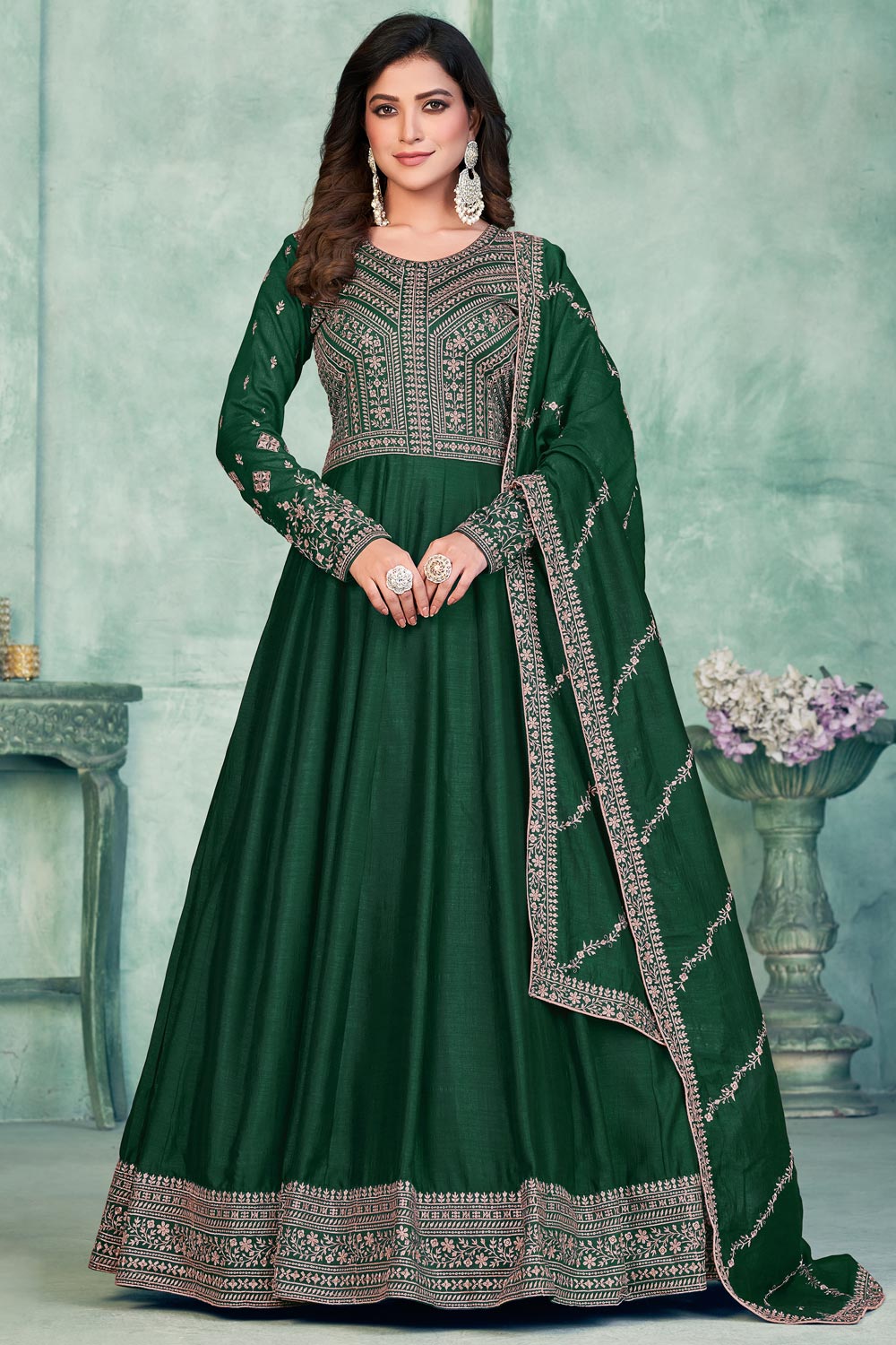 Green organza anarkali main image 1