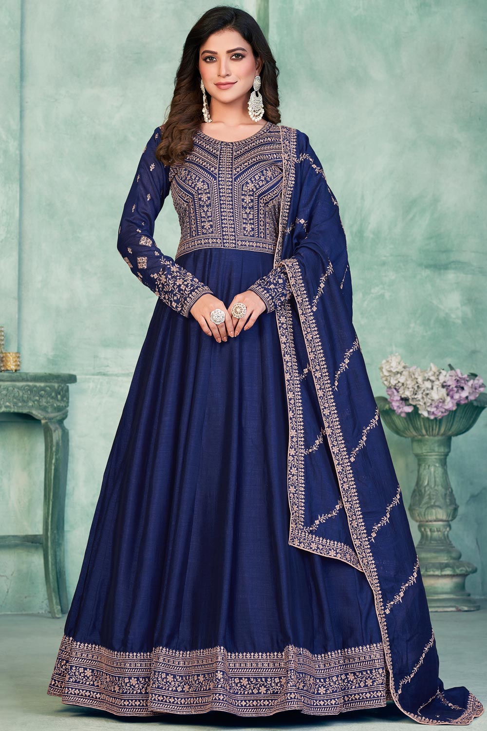 Beautiful Navy Blue Embroidered Lehenga & Jacket Style Anarkali main image 1