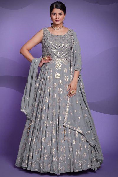 Ready To Wear Blue Grey Georgette Embroidered Anarkali Dress With Dupatta