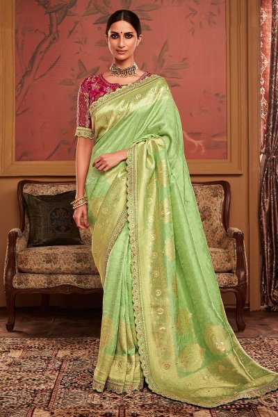 Lime Green Silk Zari Weaved Border Saree