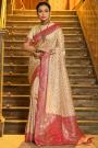 Ivory & Pink Silk Zari Weaved Saree