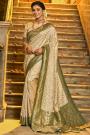 Ivory & Forest Green Silk Zari Weaved Saree