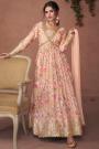 Peach Organza Silk Printed & Embroidered Anarkali Dress With Dupatta