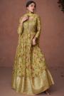 Kiwi Green Gold Organza Silk Printed & Embroidered Anarkali Dress With Dupatta