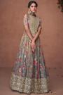 Grey Organza Silk Printed & Embroidered Anarkali Dress With Dupatta