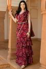 Ready To Wear Maroon Georgette Indo-Western Saree Style 2 Piece Attire With Belt